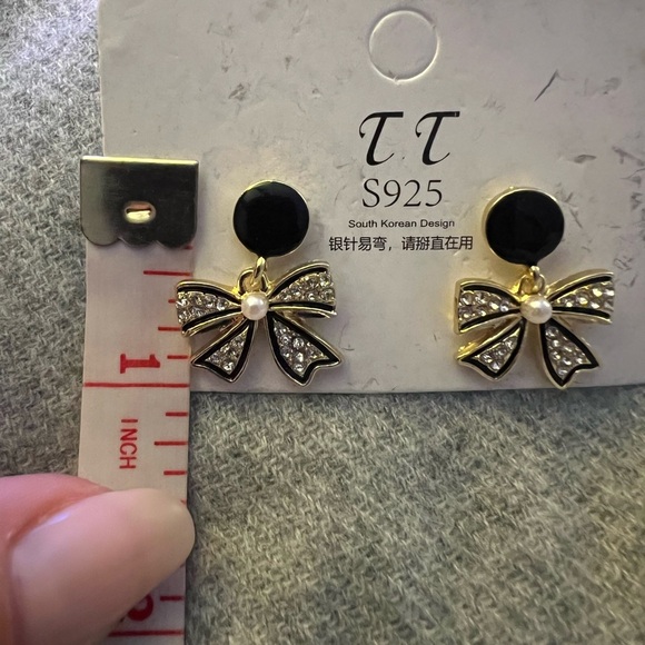 Rhinestone Bow Earrings w/Black and Gold Enamel - Picture 2 of 3